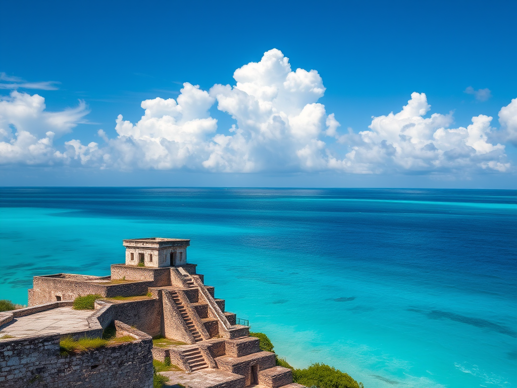 Tulum ruins overlooking a turquoise sea with fluffy clouds in a blue sky, captured with a Canon EOS 5D Mark IV, 24mm lens, f/8 aperture, ISO 100, 1/250 sec shutter speed, landscape view, vibrant colors.