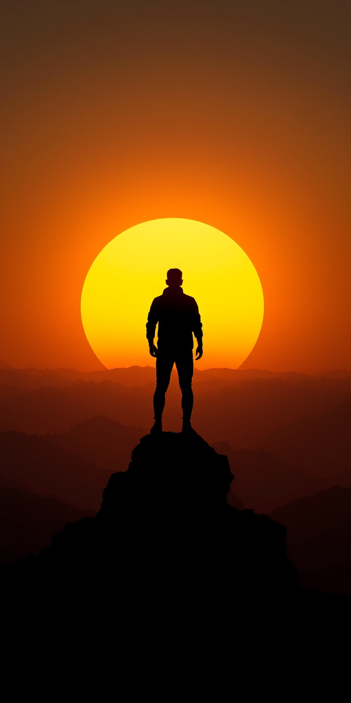 Create a silhouette of a person standing on a mountain peak against a large, bright yellow sun at sunset, shot with a Canon EOS R5 at f/8, 1/100s, ISO 200, using a wide-angle lens for a dramatic perspective and a high dynamic range to enhance color vibrancy.