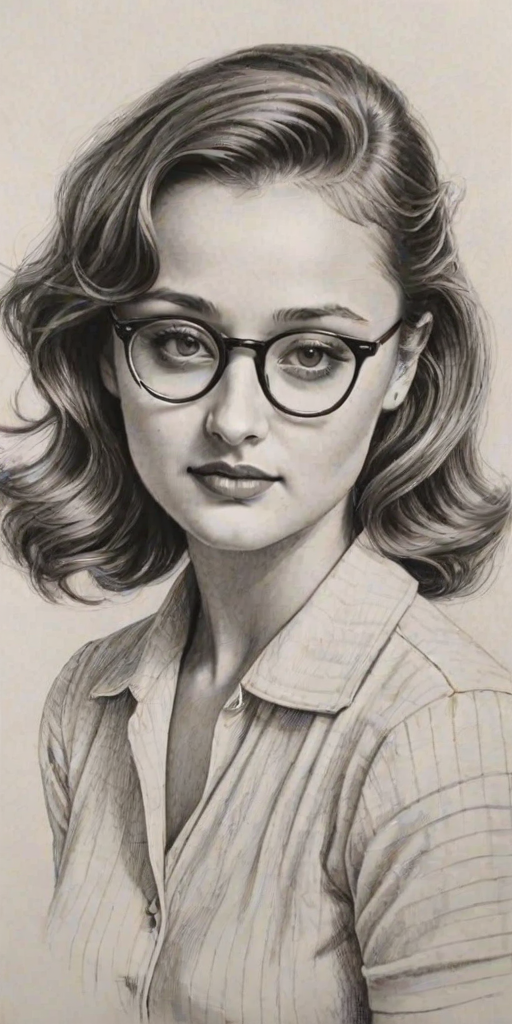 Alluring Ella Purnell, pencil sketch, portrait of Beauteous woman 1940s in glasses, hair style beatnik, outline, clear lines, fine lines, 8k