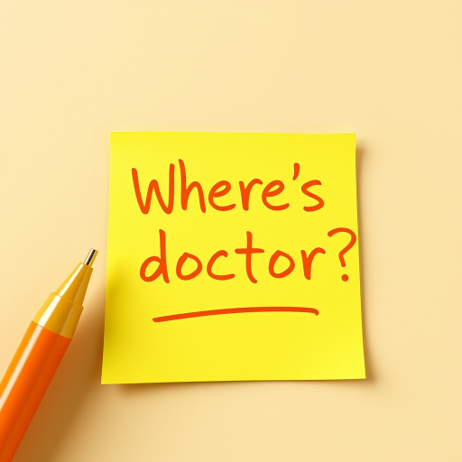 Yellow post-it note, hand written in orange pen text "Where's the doctor??", 3d, hd, hyper realistic,