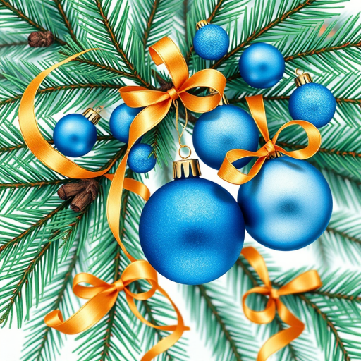 Create a vibrant illustration of a pine branch adorned with blue ornaments and golden ribbons, using a watercolor technique, shot from a close-up top-down view with a Canon EOS R5 at f/4, 1/200s, ISO 200, natural lighting.