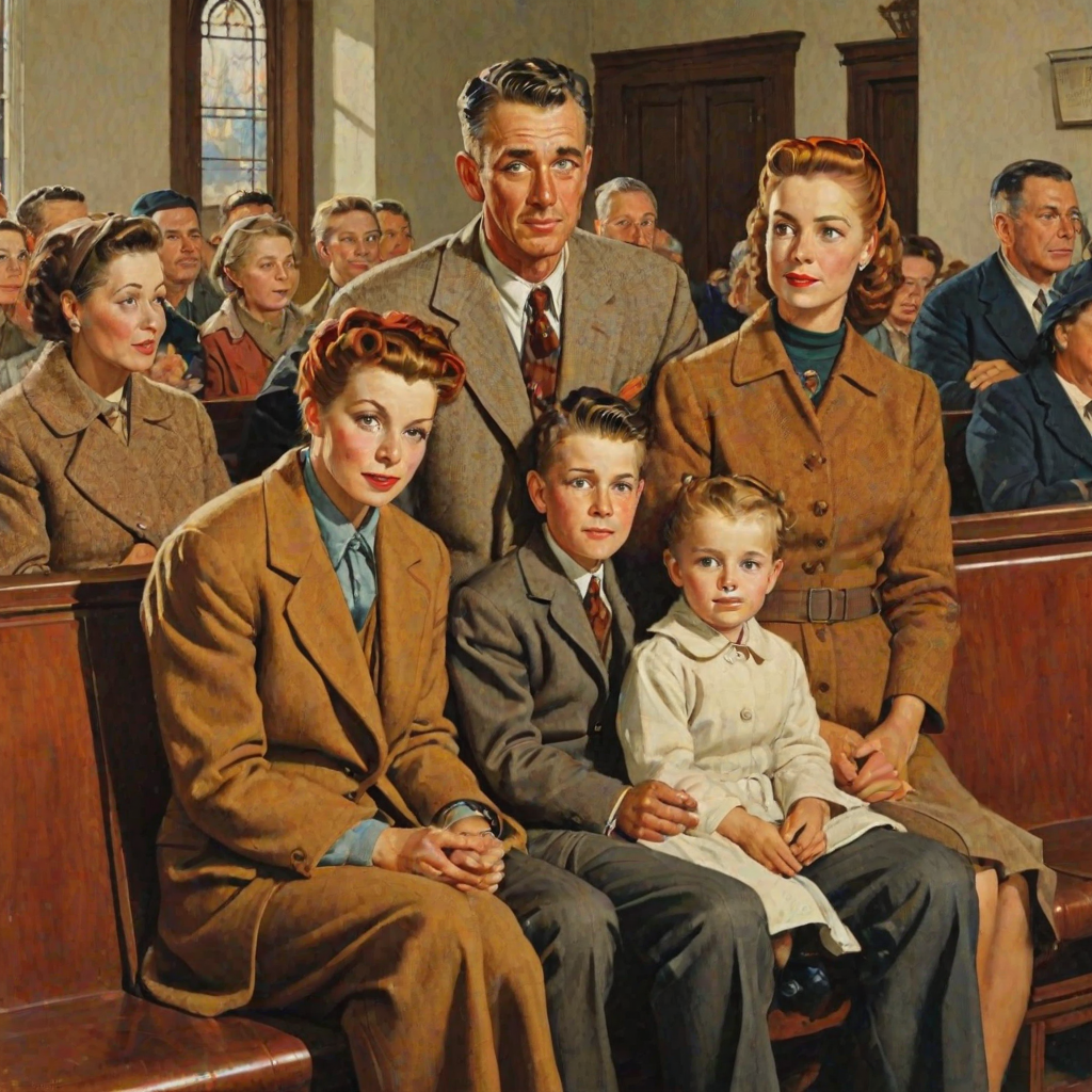 In the style of Norman Rockwell, a 1953 young family, looking pleasantly content is sitting in church, wearing cold weather clothing in autumn colors
