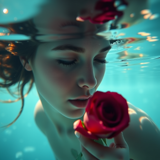 A woman underwater, gazing at a rose Her face is reflected in the water's surface The scene is illuminated by sunlight filtering through the water The atmosphere is serene and contemplative