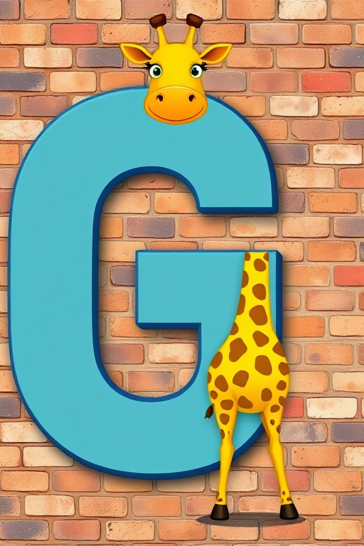 create a vibrant cartoon illustration of a yellow giraffe with brown spots standing next to a large, colorful letter G on a textured brick wall background, shot with a Canon EOS 5D Mark IV, 50mm lens, f/2.8 aperture, ISO 100, natural light for enhanced clarity and detail