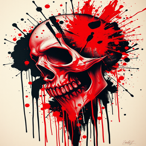Trash polka tattoo titled "Urban Chaos" combining photorealistic elements with abstract shapes and splatters in a striking red and black color scheme, evoking a sense of urban decay and rebellion