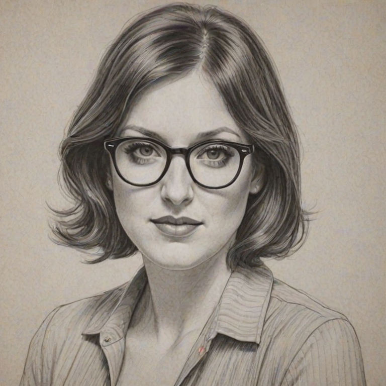 Stunning Allison Tolman, pencil sketch, portrait of Comely woman 1965s in glasses, hair style beatnik, outline, clear lines, fine lines, 8k