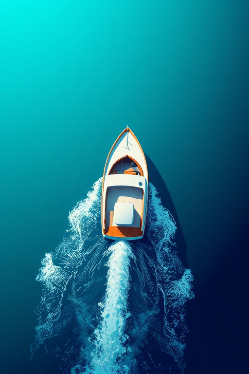 Create an illustration of a boat on calm waters from a top-down perspective, using a high-resolution digital art style, set at 300 DPI for print quality, with vibrant gradient backgrounds transitioning from teal to dark blue, and capture the boat's wake in detail with dynamic splashes, using a soft focus effect to enhance depth.