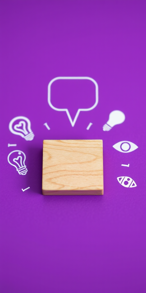 Create a digital illustration of a wooden stamp with a speech bubble above it, surrounded by icons representing ideas and communication such as a light bulb and an eye, on a vibrant purple background, using a Canon EOS R5 with a 35mm f/1.4 lens at f/2.8, ISO 100, and a shallow depth of field to create a soft bokeh effect.