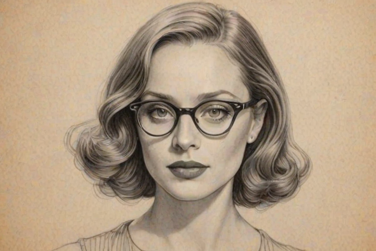 Exquisite Fiona Dourif, pencil sketch, portrait of Gorgeous woman 1934s in glasses, hair style beatnik, outline, clear lines, fine lines, 8k