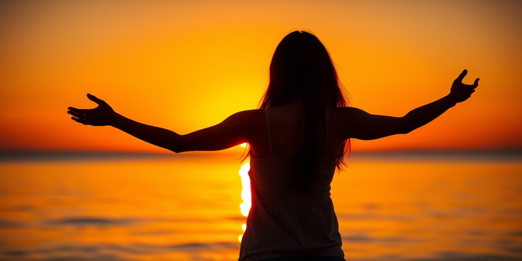 A silhouette of a woman with long hair standing on the beach with arms outstretched against a vibrant sunset, shot with a Canon EOS R5, 50mm f/1.8 lens, aperture f/2.8, ISO 100, shutter speed 1/200 sec, golden hour lighting, warm color tones.