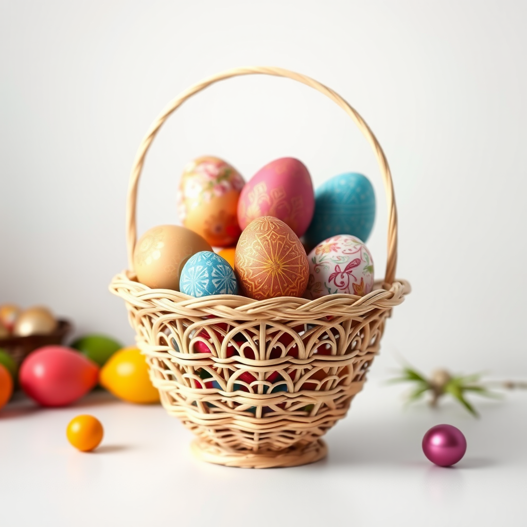 Create an illustration of a decorative basket filled with colorful Easter eggs, featuring intricate patterns, set on a minimalist background with soft lighting, using a DSLR camera with a 50mm lens, f/2.8 aperture, ISO 200, and a shallow depth of field for a focused and vibrant look.
