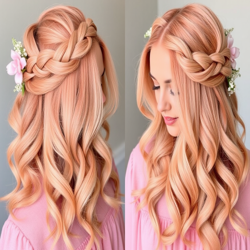 Soft peach to coral gradient named "Sunset Haze" styled in loose, romantic curls with a braided crown and delicate floral accents woven throughout