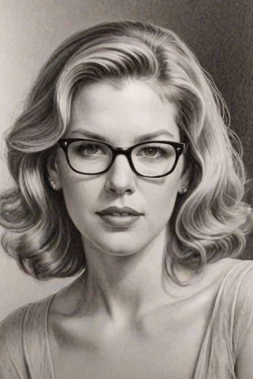 Ravishing Diana Krall, pencil sketch, portrait of Superb woman 1945s in glasses, hair style beatnik, outline, clear lines, fine lines, 8k