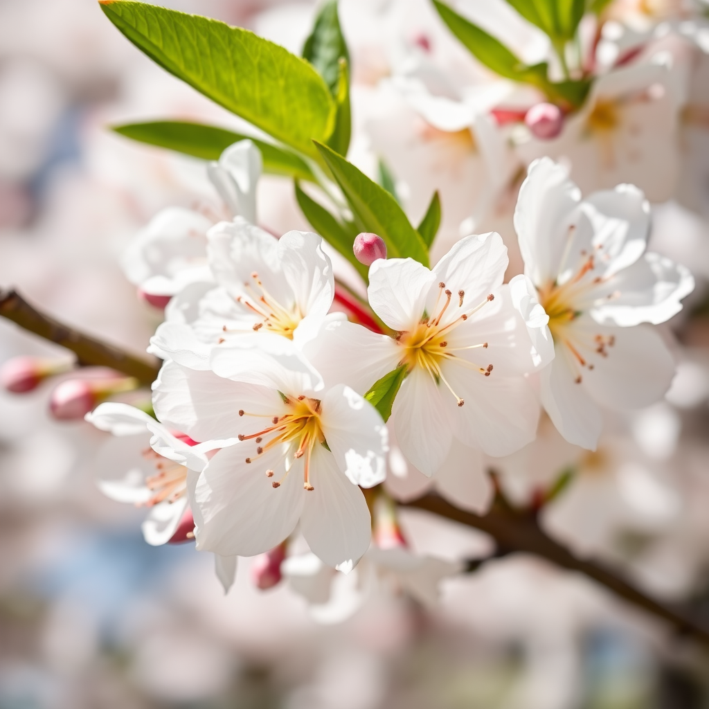 close-up of white cherry blossoms in full bloom, natural sunlight, f/2.8 aperture, 50mm lens, macro photography, DSLR camera, high resolution, shallow depth of field.