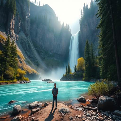 Create a vibrant landscape image of a person standing by a turquoise river, surrounded by towering cliffs and cascading waterfalls, with lush evergreen trees, soft sunlight filtering through the mist, using a DSLR camera, aperture f/8, ISO 100, 24mm lens, focusing on a wide-angle view.
