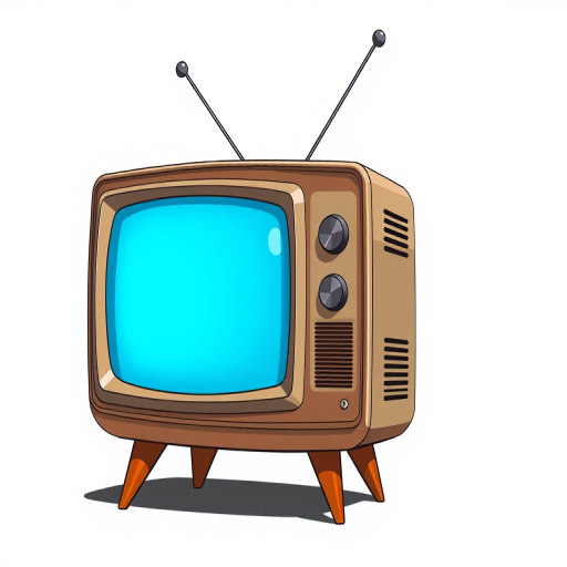 Create an illustration of a vintage television set with a blue screen, standing on tapered legs, featuring two dials labeled VHF and UHF, with antennas on top, using a DSLR camera with a focal length of 50mm, aperture set to f/2.8, shot from eye level, with a soft focus background to enhance the subject.