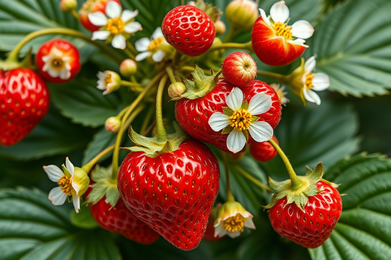 High-resolution botanical illustration of a strawberry plant with vivid red berries, white flowers, and dark green leaves, shot with a Canon EOS-1D X Mark III, 50mm lens, f/4 aperture, 1/125s shutter speed, natural lighting, focused on intricate details and vibrant colors.