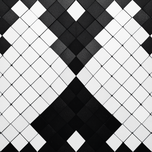 Create a high-resolution image of a black and white diamond pattern arranged in a grid format, using a DSLR camera with an aperture of f/8, ISO 200, 24mm focal length, and a top-down view with soft diffused lighting for even illumination.