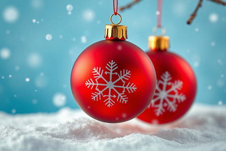 Create an image of a winter scene with a light blue background featuring two red Christmas ornaments with snowflake patterns hanging from the top, surrounded by gentle snowflakes falling against a soft white snow-covered landscape, shot with a 50mm lens, aperture f/5.6, shutter speed 1/200s, ISO 100, digital camera style, high dynamic range for enhanced clarity.