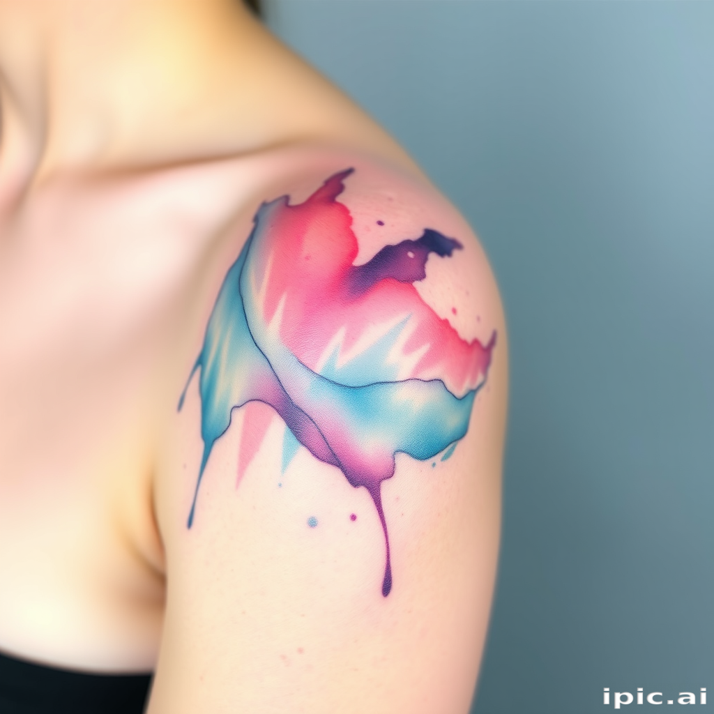 Ethereal watercolor splash tattoo titled "Aurora's Dance" showcasing soft pastel hues blending seamlessly to depict the mesmerizing Northern Lights, capturing the beauty of nature on the shoulder