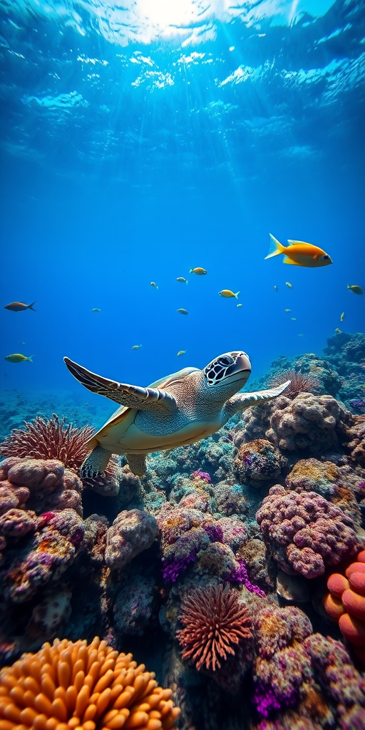 Generate a vibrant underwater scene featuring a sea turtle gracefully swimming among colorful coral and fish, captured with a DSLR camera at f/8 aperture, ISO 200, 1/250 shutter speed, in a wide-angle view to enhance depth and clarity.