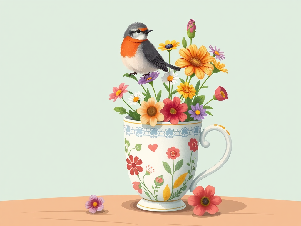 Create a vibrant illustration of a decorative cup filled with colorful flowers and a small bird perched on top, in a whimsical style, using a high-resolution digital camera, 50mm lens, f/2.8 aperture, ISO 100, natural light, focused on the cup and flowers.