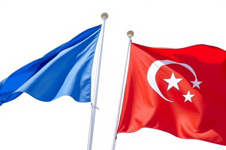 Create a high-resolution image of two waving flags, one blue and one red, with a white background, captured with a Canon EOS R5, 24mm lens, f/8 aperture, ISO 100, in bright natural light, from a slightly low angle perspective for added depth.