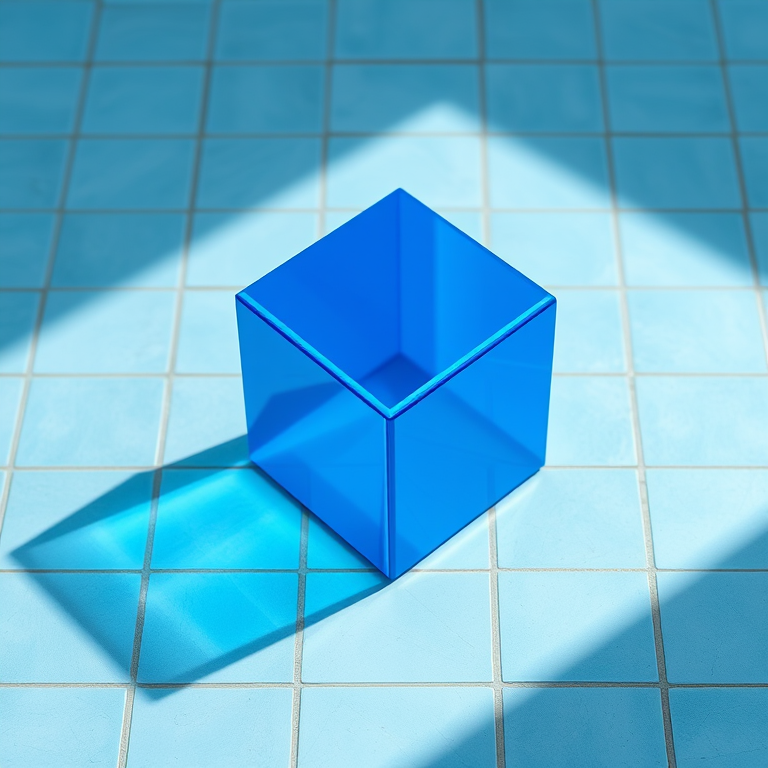 generate a high-resolution image of a reflective blue cube positioned on a grid of light blue tiles with soft shadows, using a DSLR camera with a 50mm lens, aperture f/8, ISO 100, and a focal length of 50mm, capturing a top-down view in natural lighting.