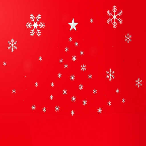 Create a minimalist Christmas tree design with a red background and snowflake patterns, use a DSLR camera, aperture f/2.8, shutter speed 1/60s, ISO 100, shot from a straight-on view, with soft lighting and a shallow depth of field for a rich color contrast.