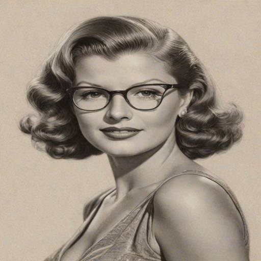 Delightful Rita Hayworth, pencil sketch, portrait of Alluring woman 1938s in glasses, hair style beatnik, outline, clear lines, fine lines, 8k