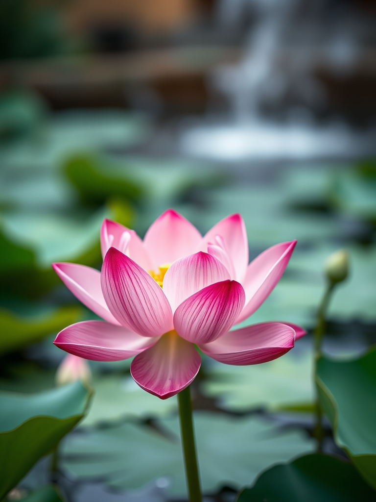 Lotus flower in a serene pond, soft focus background, captured with a Canon EOS 5D Mark IV, 50mm f/1.8 lens, aperture f/2.8, ISO 200, natural light, shallow depth of field.
