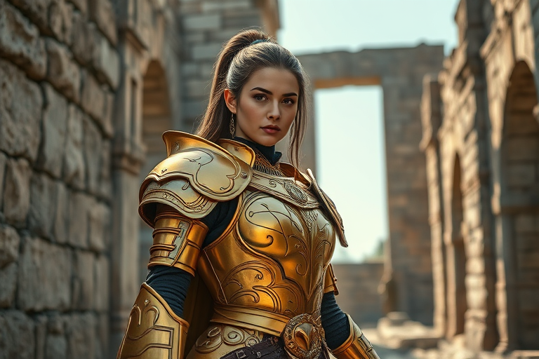 Create a high-resolution image of a female character in ornate golden armor standing in an ancient stone ruins, with soft natural lighting, using a Canon EOS R5, f/1.8 aperture, 50mm lens, and a wide-angle perspective to enhance depth and detail.