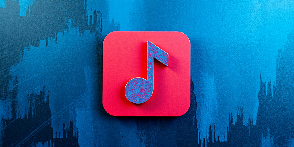 Create a vibrant abstract image featuring a large, stylized music note icon centered on a textured blue and black background using a Canon EOS R5 with a 24-70mm lens, aperture set to f/8, ISO 100, and a shutter speed of 1/125s for sharpness and clarity.