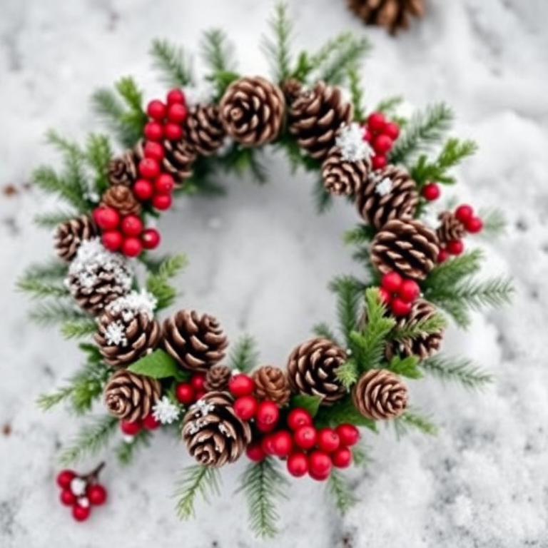 Create a high-resolution image of a circular wreath made of pinecones, green leaves, and red berries, with a snowy background, using a Canon EOS R5 with a 85mm f/1.2 lens at aperture f/2.8, ISO 100, and a shallow depth of field for a soft focus effect.