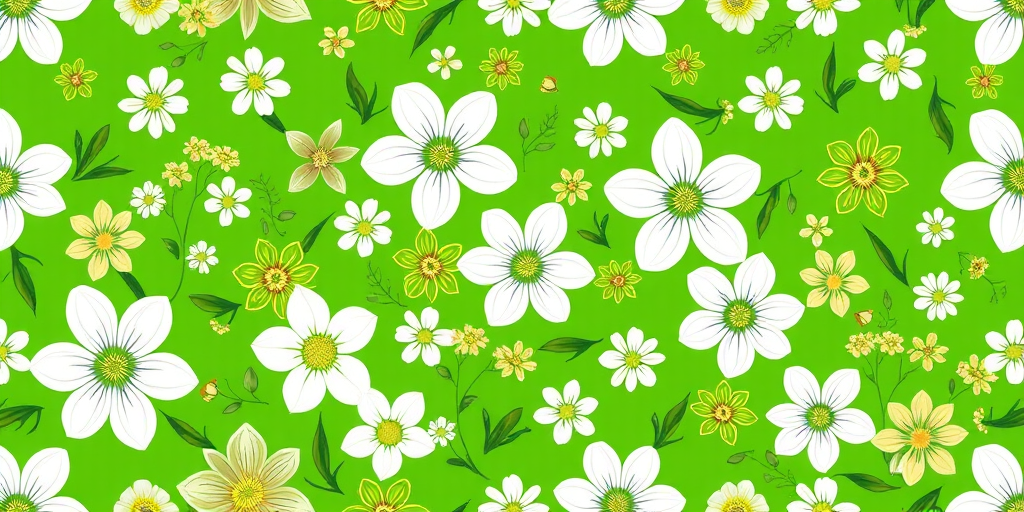 Regenerate a seamless floral pattern featuring various white and green flowers on a vibrant green background, use a 50mm lens, aperture f/5.6, ISO 100, top-down view, digital illustration style, high-resolution output.