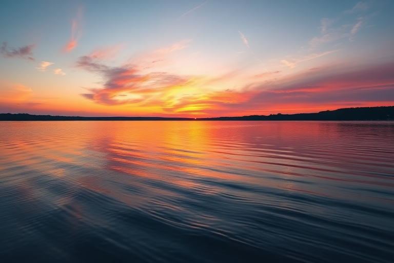 Generate a high-quality image of a serene lake during sunset with vibrant colors, captured using a Canon EOS R5, 24-70mm lens, f/8 aperture, ISO 100, shot at a 50mm focal length, from a slightly elevated angle to highlight reflections in the water.