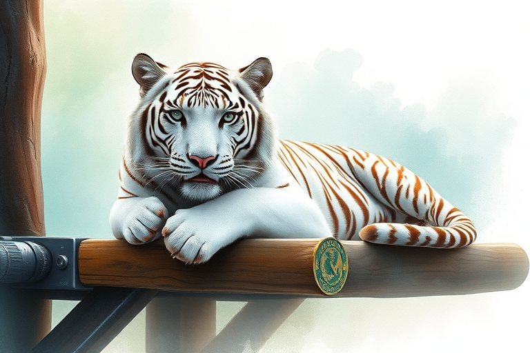 Create a highly detailed digital illustration of a white tiger resting on a wooden ledge with a soft watercolor background, using a Canon EOS R5 with a 50mm f/1.2 lens, set at ISO 100, aperture f/2.8, shutter speed 1/200 sec, in a portrait orientation to enhance the depth of field and vibrancy of colors.