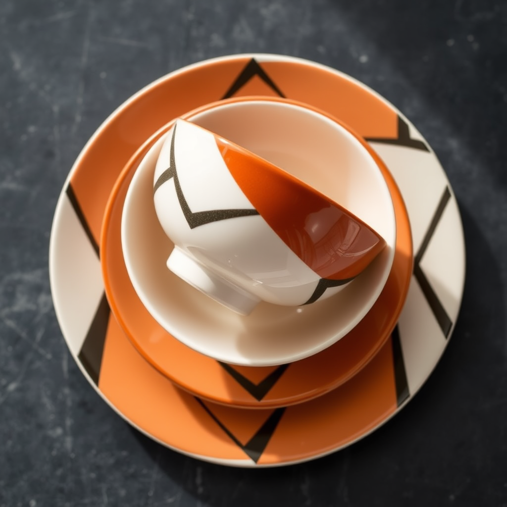 Generate an image of a stacked plate and bowl set with modern geometric designs and a glossy finish, shot with a DSLR camera at f/2.8 aperture, ISO 100, 50mm lens, natural light for clarity and brightness, top-down view for a clean presentation.