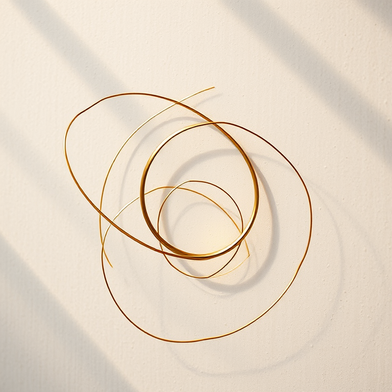 Create an abstract image featuring intertwined golden lines and a circular element on a textured light background, captured with a Canon EOS R5 camera at f/8, ISO 100, 50mm lens, with a soft focus view and natural lighting.