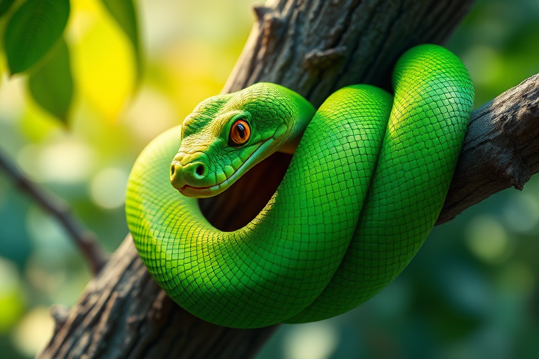 Create a vibrant illustration of a green snake coiled around a tree branch, capturing the snake with bright green scales and distinctive patterns, utilizing a high-resolution digital art style with a cinematic perspective, enhancing colors with a shallow depth of field to highlight the snake, rendered using Adobe Illustrator or similar software.