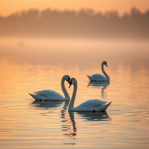 swans gracefully swimming on a serene lake at sunrise, 50mm lens, f/2.8 aperture, ISO 200, soft focus background, natural light photography, DSLR camera