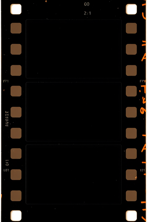 Create a high-resolution image of a blank film strip with three empty frames, using a DSLR camera with an aperture of f/8, ISO 100, and a focal length of 50mm, shot from a front view to enhance depth and clarity.