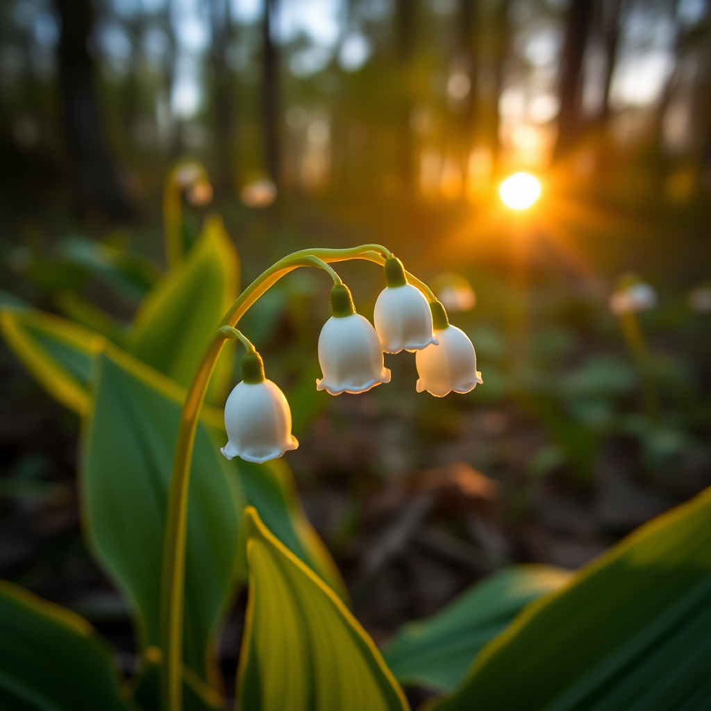Capture a close-up of a blooming lily of the valley in a forest setting during golden hour, aperture f/2.8, ISO 200, shutter speed 1/250s, using a DSLR camera with a macro lens to enhance image details and depth of field.