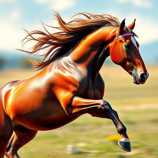 Create a high-resolution digital painting of a majestic horse in mid-gallop, using a Canon EOS R5 with a 50mm f/1.2 lens, aperture set to f/4, ISO 100, and shutter speed of 1/500s, capturing a side view with vibrant colors and intricate details on the horse's coat and mane.