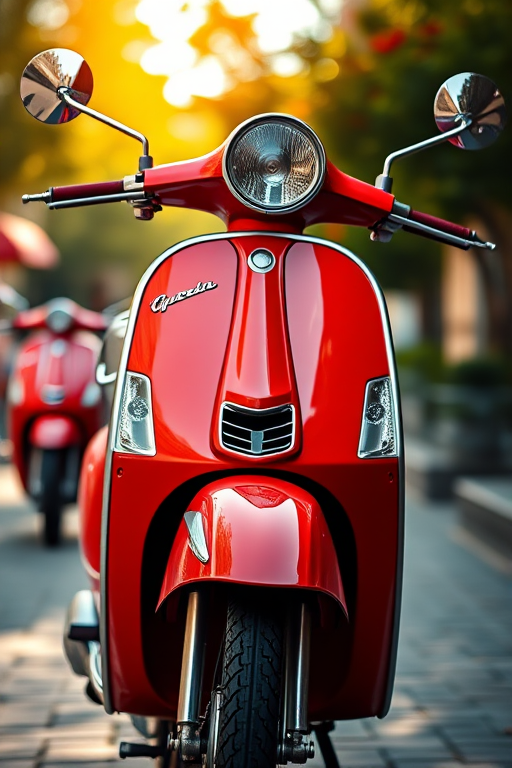 Create a vibrant image of a classic scooter with detailed features, shot with a DSLR camera at f/2.8 aperture, ISO 100, 35mm lens, in natural daylight with a shallow depth of field to enhance focus on the scooter while blurring the background.