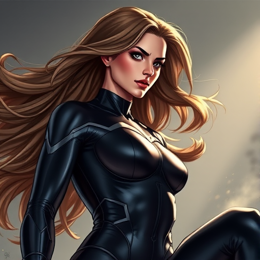Create a highly detailed digital illustration of a female superhero with long flowing hair wearing a sleek black bodysuit, shot from a low angle using a 50mm lens, f/1.8 aperture, ISO 100, with dramatic lighting to enhance textures and movements.