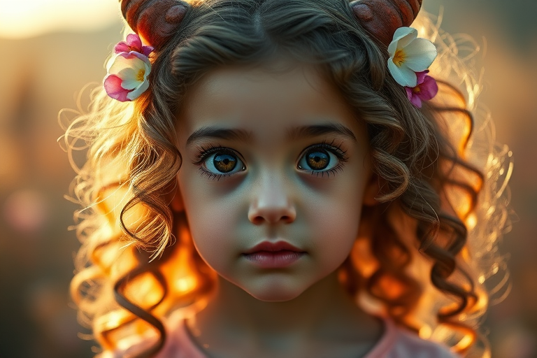 Generate a portrait of a girl with large expressive eyes and curly hair adorned with flowers and horns, soft backlighting for a dreamy effect, shallow depth of field, taken with a Canon EOS R5, 85mm lens, aperture f/1.2, ISO 100, and a warm color palette.