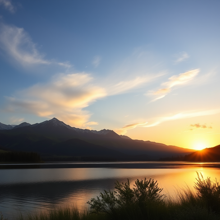 Generate a high-quality image of a serene landscape at sunrise with mountains in the background and a calm lake in the foreground, captured with a DSLR camera, 50mm lens, aperture f/1.8, ISO 200, and shot from an eye-level perspective.