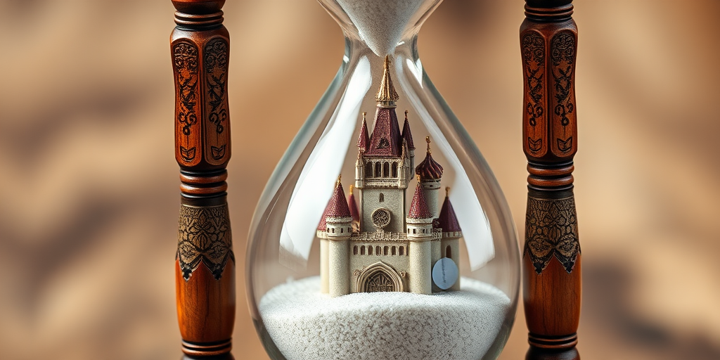 Create a high-resolution image of an ornate hourglass with wooden accents, showcasing fine sand flowing between the two glass bulbs, featuring a detailed castle visible within the sand, captured with a DSLR camera at f/2.8 aperture, 1/60 sec shutter speed, and ISO 100, using a macro lens from a slightly elevated front angle to enhance the intricate details and textures.