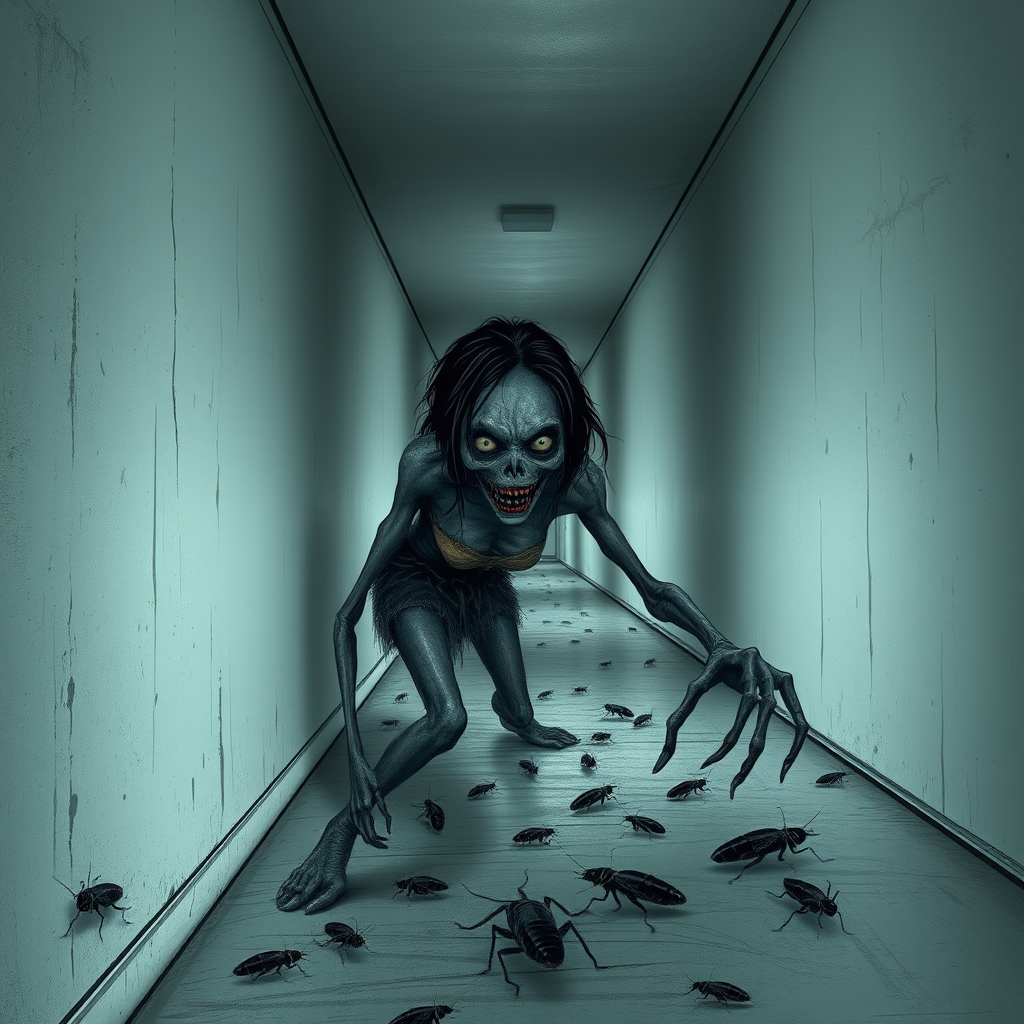 a crooked female with long arms and a creepy smile is crawling along a long white corridor and you can also see cockroaches in it there is a creepy atmosphere creepy art style